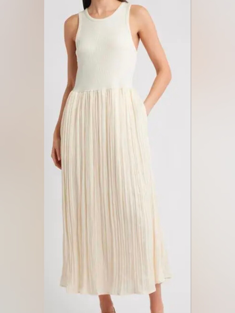 DKNY Cream Ribbed Bodice Pleated Maxi Dress